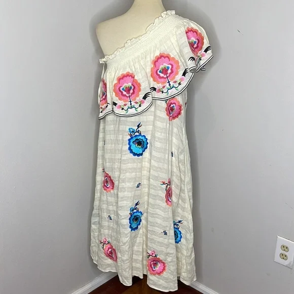ANTHROPOLOGIE White Floral Embroidered Pullover One Shoulder Maxi Dress M - Picture 6 of 12